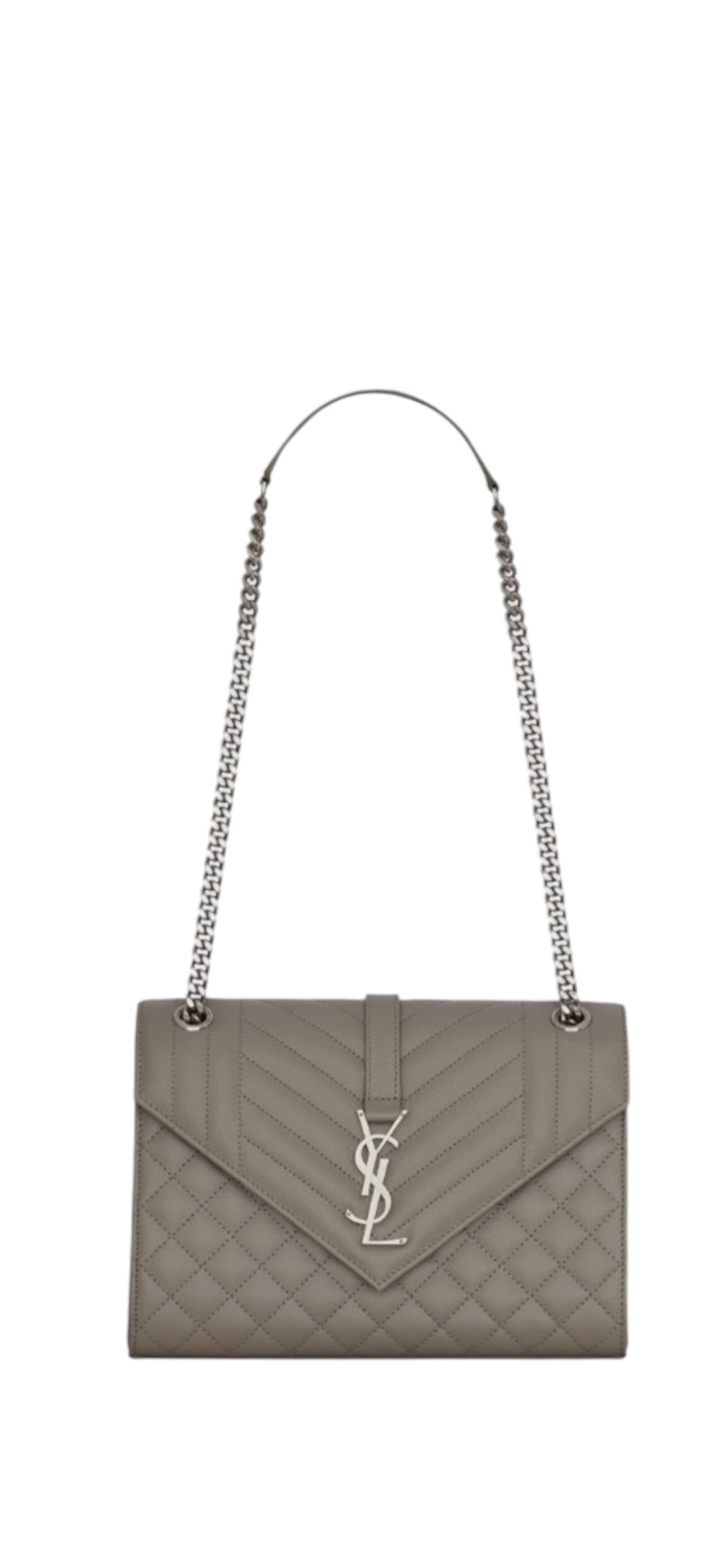 YSL Envelope Schultertasche aus Grain de Poudre-Leder Envelope Medium Mix Matelassé in der Farbe taupe/grau.